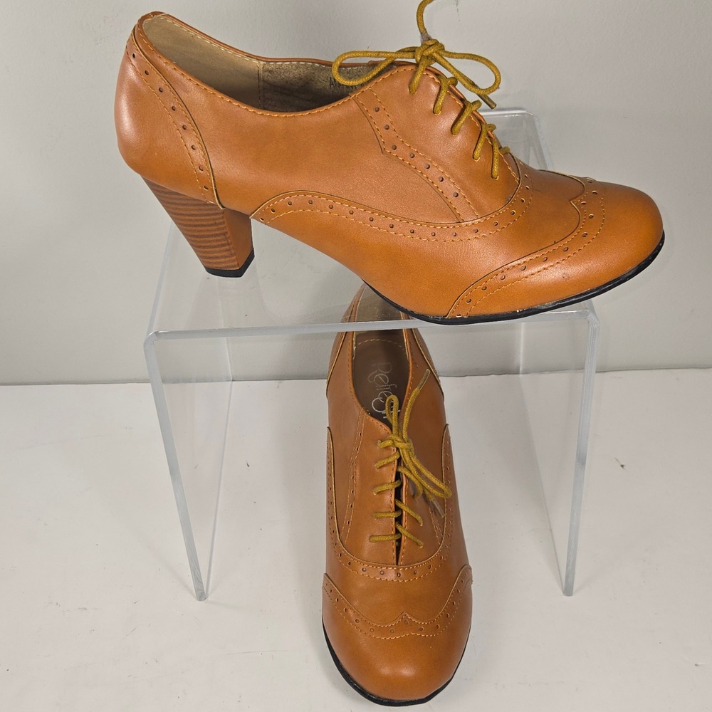 Refresh Amany 9 Tan Oxford Heels Wingtip Brogue Lace Up Booties Womens Size 9